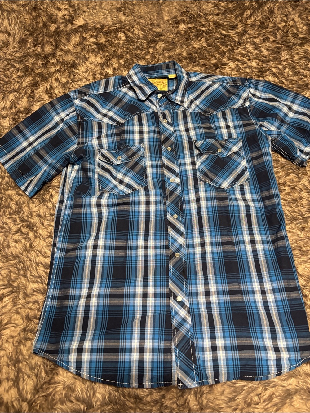 Men's Blue Plaid Short-Sleeve Button-Down Shirt